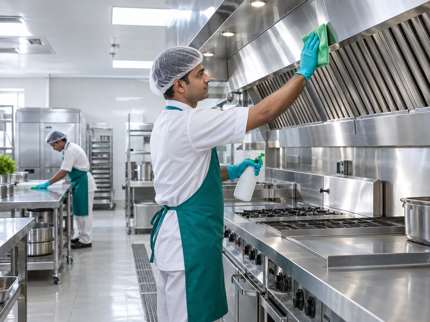 Worker cleaning commercial kitchen equipment