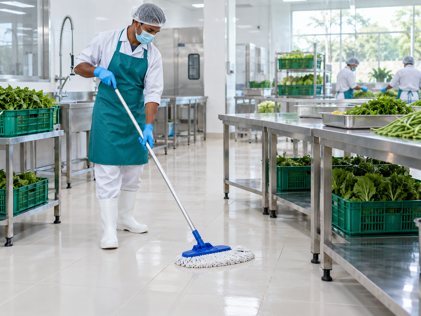 Worker cleaning a vegetable preparation area floor