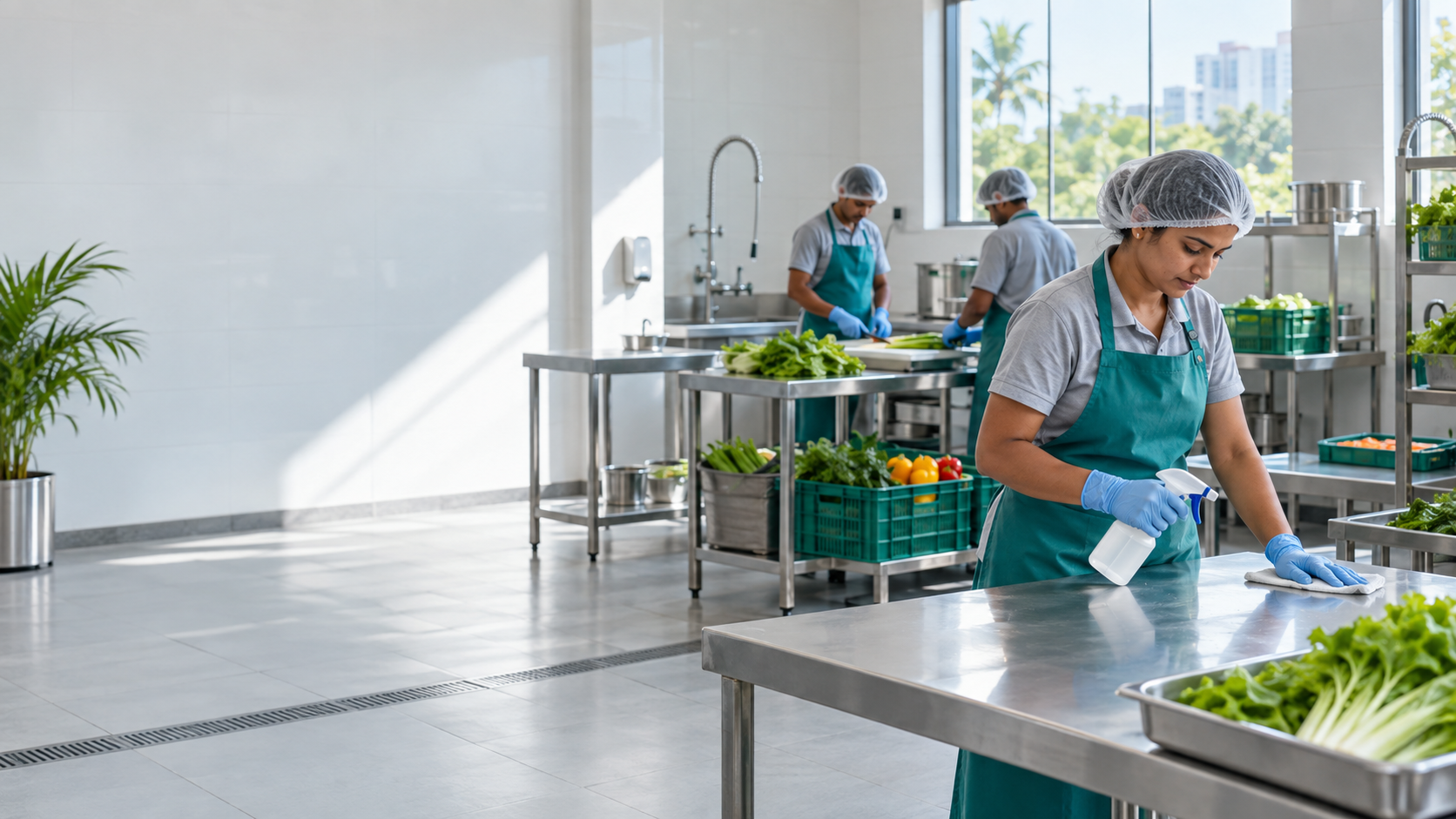 Team maintaining a clean vegetable preparation workspace