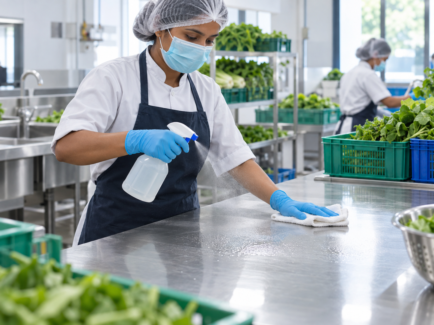 Worker sanitising a food preparation table