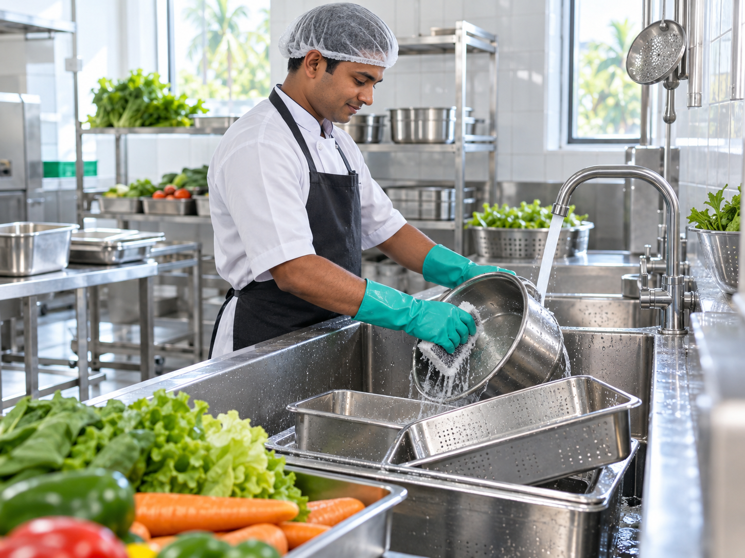Food-service worker washing stainless steel vessels