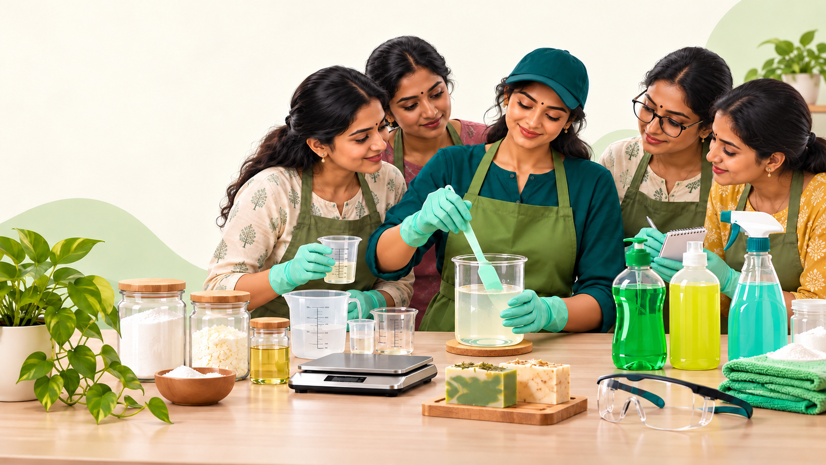 Dishwash liquid formulation training with measuring cups and mixing jar